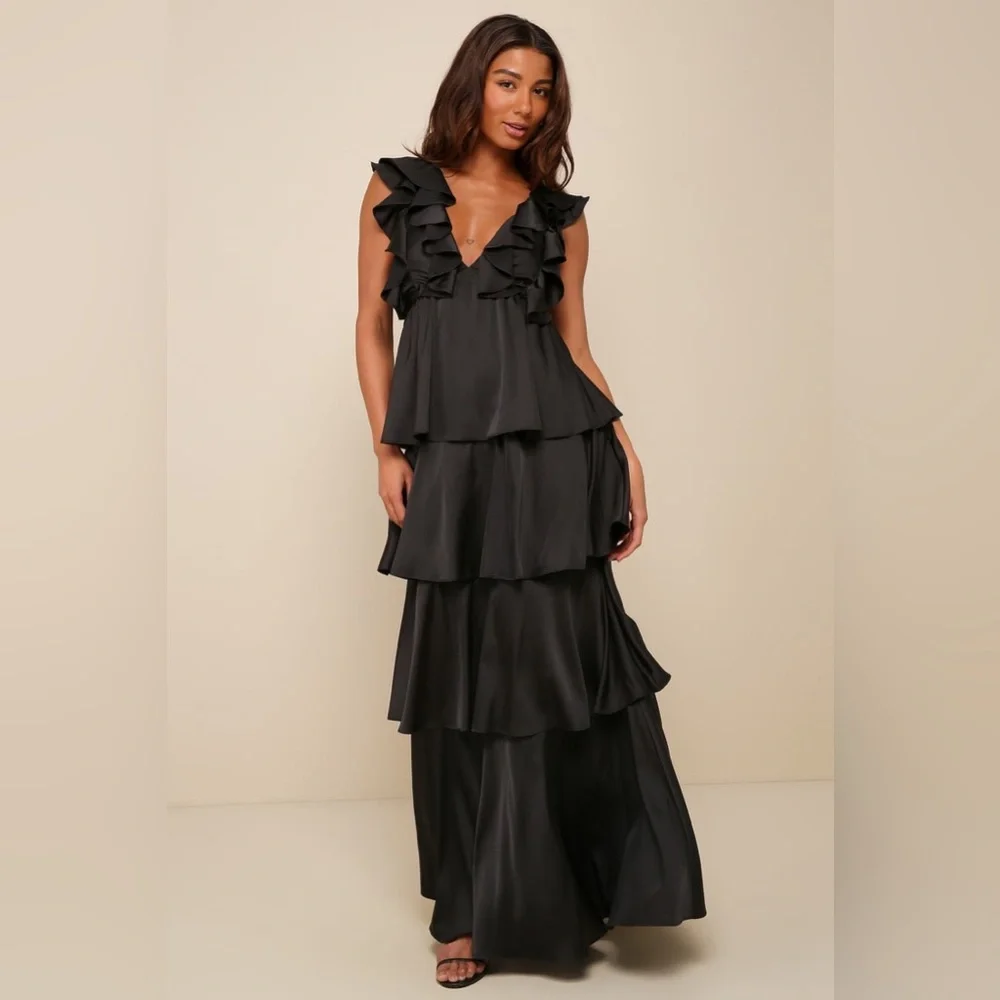 Lulus-Glorious Essence Black Satin Ruffled Tiered Tie-Back Maxi Dress (Medium) - Picture 1 of 5